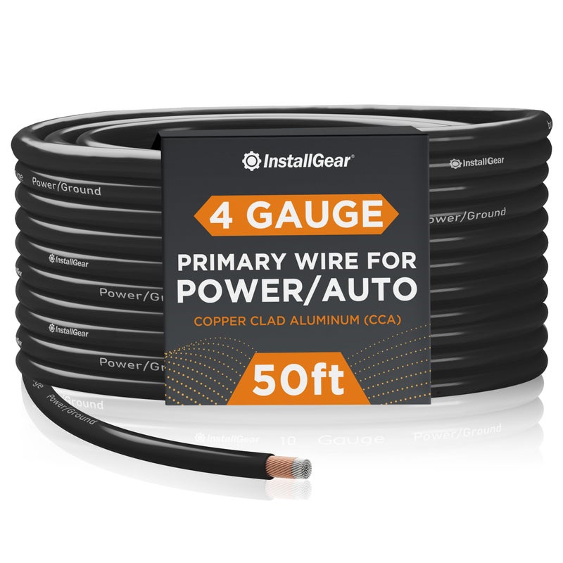 InstallGear 4 Gauge Copper Clad Aluminum Wire - 50 Ft 4GA Power Ground Cable for Car Audio, Battery, RV, Trailer and Automotive Wiring - Flexible Car Amplifier - Black - Image 1